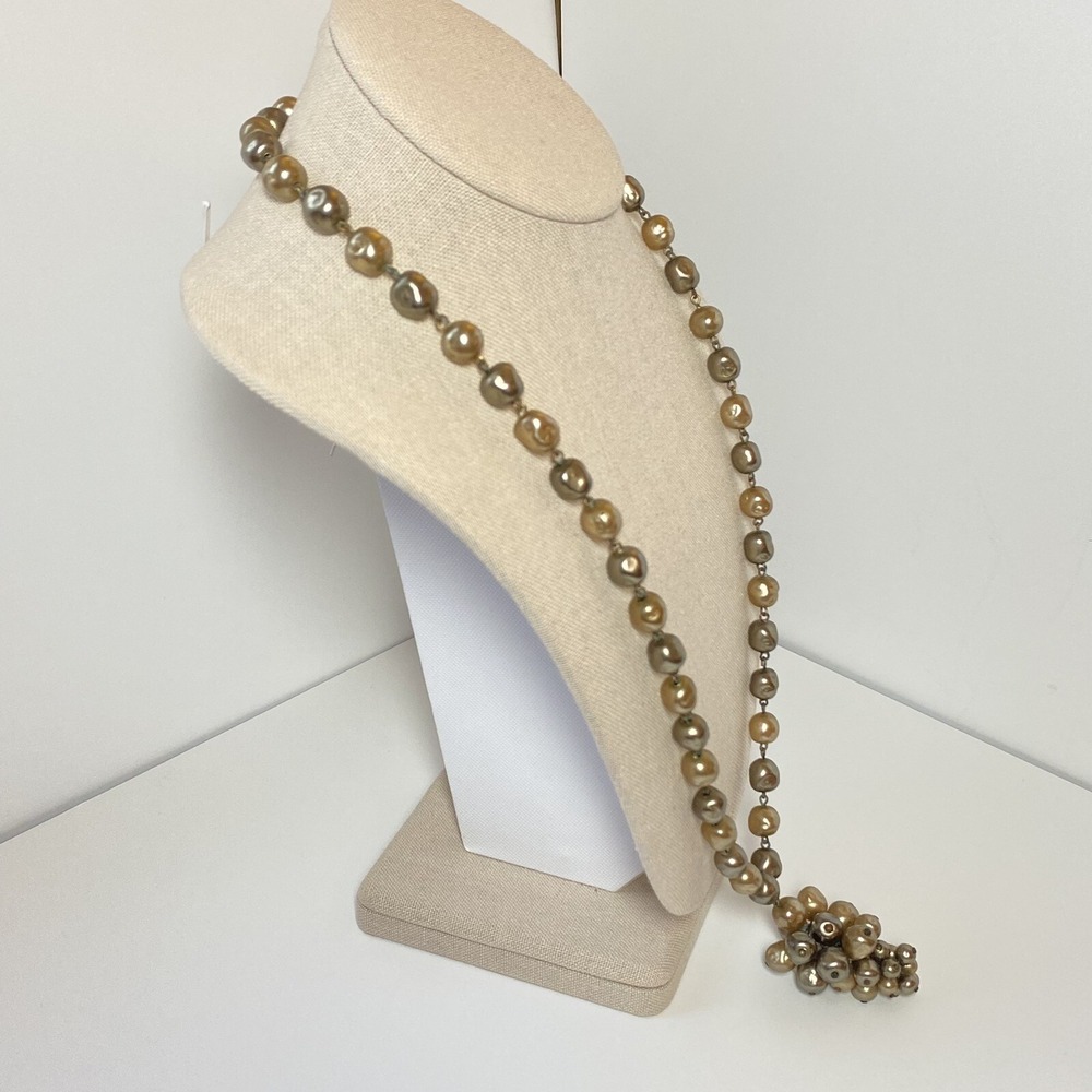 Vintage Champagne Gray Glass Baroque Pearls Graduated Cluster Pendant Necklace - Picture 5 of 14